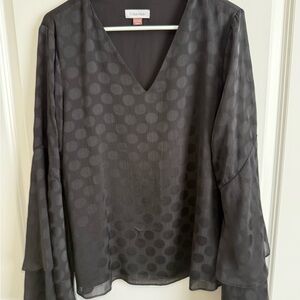 Calvin Klein Blouse with Bell Sleeves and Black on Black Polka Dot  Patten